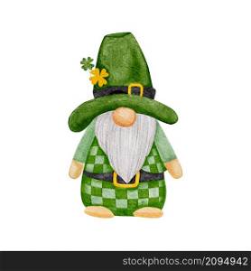 St Patrick day leprechaun with four leaves clovers, Greeting card a gnomes with shamrock a luck symbols. Watercolour green Scandinavian Dwarfs collection in Celtic, Irish style