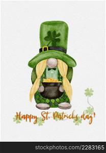 St Patrick Day leprechaun with four leaves clovers, Greeting card a Irish gnomes with pot golden coins ,shamrock a luck symbols.illustration Watercolour green Scandinavian Dwarfs collection in Celtic