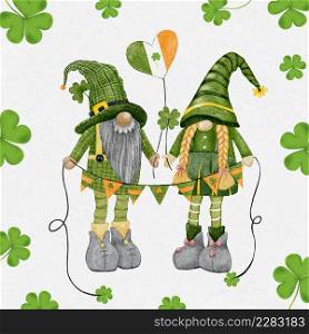 St Patrick Day leprechaun with four leaves clovers, Greeting card a Irish gnomes holding flags with shamrock a luck symbols. Watercolour green Scandinavian Dwarfs collection in Celtic