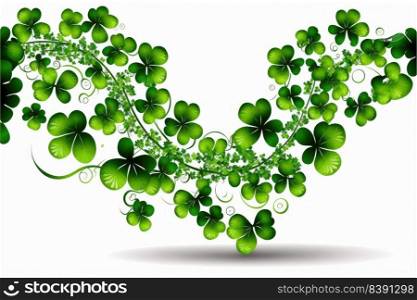 St. Patrick&rsquo;s Day abstract green background decorated with shamrock leaves. Patrick Day pub party celebrating. Abstract Border art design magic backdrop. Widescreen clovers on black with copy space. Generative AI