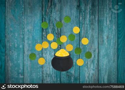 st patrick&rsquo;s day, holidays and celebration concept - pot of gold and coins made of paper on white background. pot of gold and coins for st patricks day