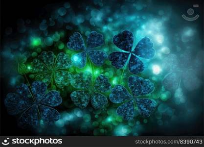 St. Patrick’s Day abstract dark background decorated with green and blue shamrock leaves. Saint Patrick Day party celebrating. Generative AI