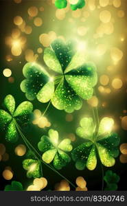 St. Patrick’s Day abstract dark background decorated with green and golden shamrock leaves. Saint Patrick Day party celebrating. Generative AI