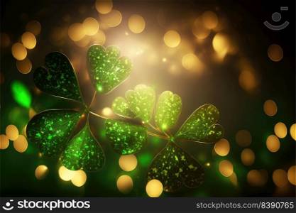 St. Patrick’s Day abstract dark background decorated with green and golden shamrock leaves. Saint Patrick Day party celebrating. Generative AI