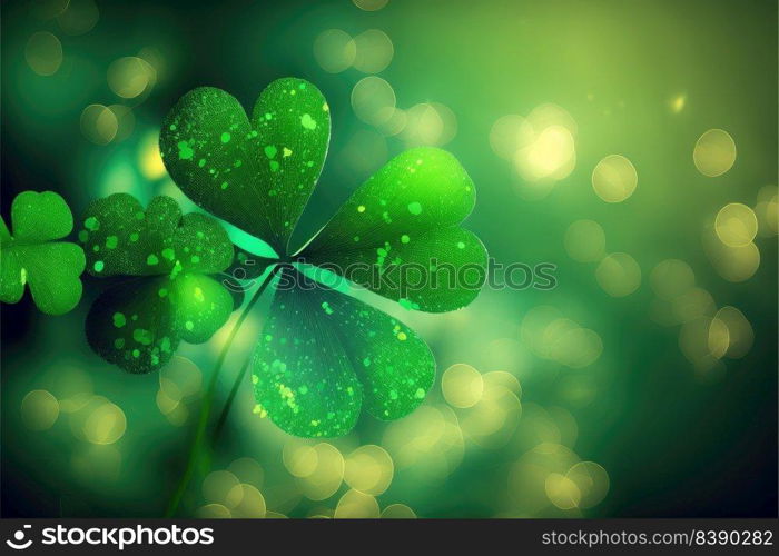 St. Patrick’s Day abstract green background decorated with shamrock leaves. Patrick Day pub party celebrating. Abstract Border art design magic backdrop. Widescreen clovers on black with copy space. Generative AI