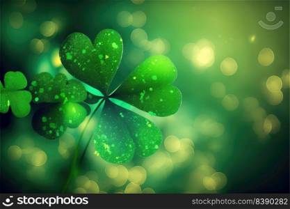 St. Patrick’s Day abstract green background decorated with shamrock leaves. Patrick Day pub party celebrating. Abstract Border art design magic backdrop. Widescreen clovers on black with copy space. Generative AI