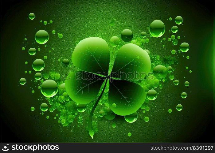 St. Patrick’s Day abstract green background decorated with shamrock leaves. Patrick Day pub party celebrating. Abstract Border art design magic backdrop. Widescreen clovers on black with copy space. Generative AI