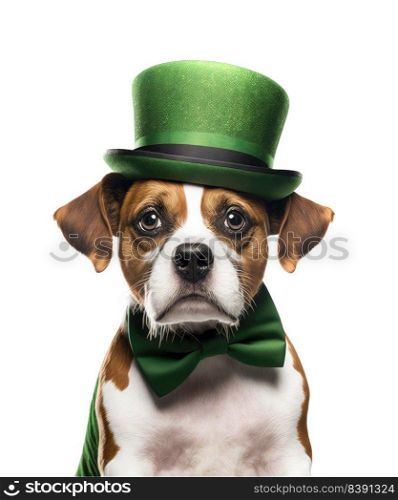 St Patrick’s Day concept. Funny dog wearing leprechauns hat lookinh at camera isolated on white background. Generative AI