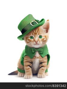 St Patrick’s Day concept. Funny kitten wearing leprechauns hat lookinh at camera isolated on white background. Generative AI