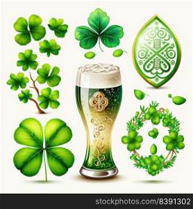 St. Patrick s Day Icons Collection beer, hat, clover, pot of gold on a light background. Generative AI