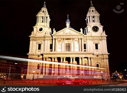 St. Paul&acute;s Cathedral Great West Door in London at night