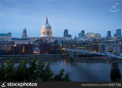 St Paul and millennium bridge in London
