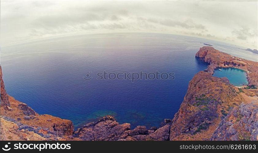 St. Paul&rsquo;s Bay panorama, Rhodes island, Greece. Fisheye lenses effect