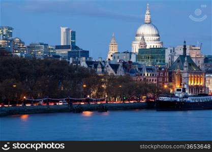 St Paul&rsquo;s Cathedral in London at night with River Thames England UK