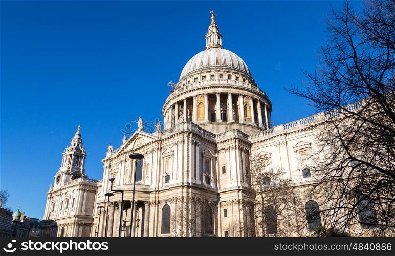 St Paul's Cathedral London with blue sky.