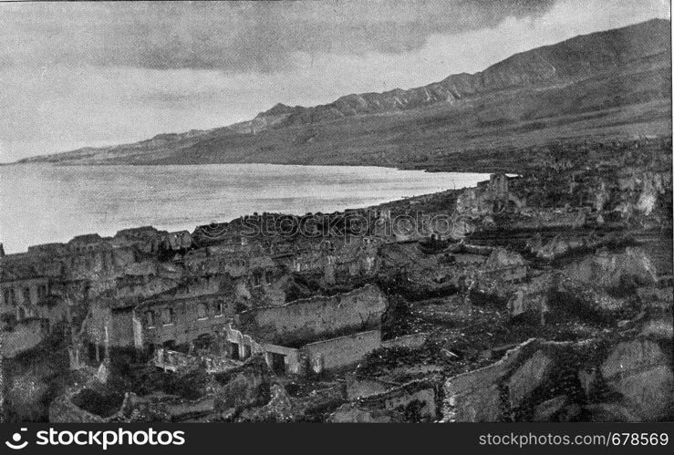 St Peter after the eruption of the Pelee mountain, vintage engraved illustration. From the Universe and Humanity, 1910.