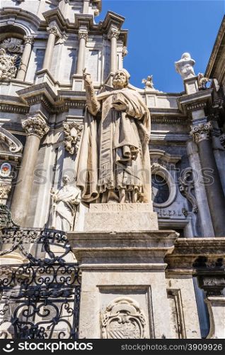 St. Peter cathedral church with statues of saints. Catania, Sicily, Italy