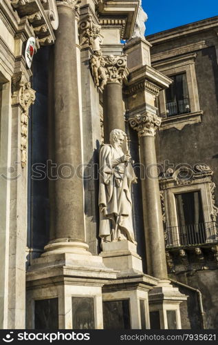 St. Peter cathedral church with statues of saints. Catania, Sicily, Italy