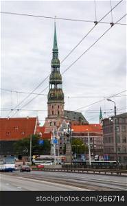 St. Peter's Church in Riga the capital of Latvia. View of Old Riga with St. Peter's Church. View of Riga with ld buildings and historic architecture.