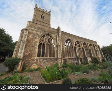 St Peter ruined church in Bristol. Ruins of St Peter church in Castle Park bombed during World War II and now preserved as a memorial in Bristol, UK