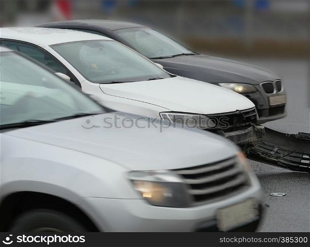 St. Petersburg, Russia April 3, 2019Accident on a busy highway movement of cars on the lanes, side view. Accident on a busy highway
