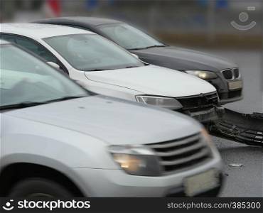 St. Petersburg, Russia April 3, 2019Accident on a busy highway movement of cars on the lanes, side view. Accident on a busy highway