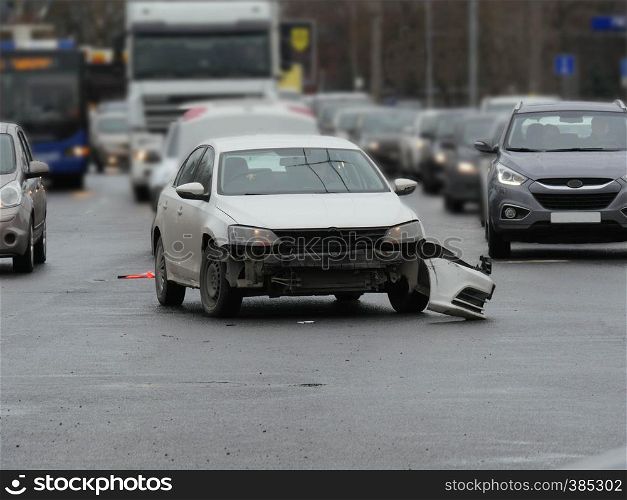 St. Petersburg, Russia April 3, 2019Accident on a busy intersection, movement cars on the lanes front view. Accident at a busy intersection