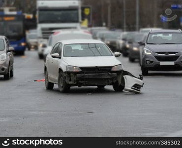 St. Petersburg, Russia April 3, 2019Accident on a busy intersection, movement cars on the lanes front view. Accident at a busy intersection