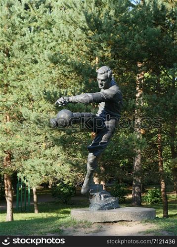 St. Petersburg, Russia, August 27, 2019 Monument to the football player Vsevolod Bobrov, football player kick the ball . football player kick the ball