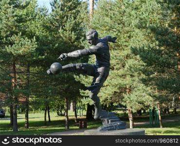 St. Petersburg, Russia, August 27, 2019 Monument to the football player Vsevolod Bobrov, football forward kick ball