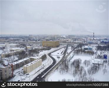 St. Petersburg, Russia, January 29, 2020.  skyline of the city of St. Petersburg in the snow in winter aerial view