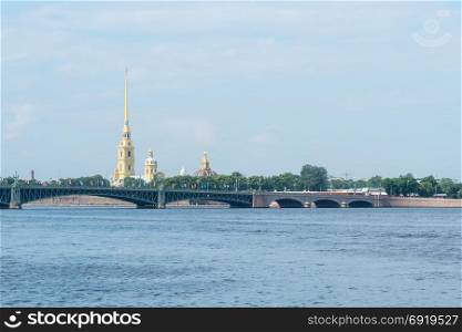 ST PETERSBURG, RUSSIA - JULY 28, 2017: View of the Peter and Paul Fortress and the Trinity Bridge in St. Petersburg