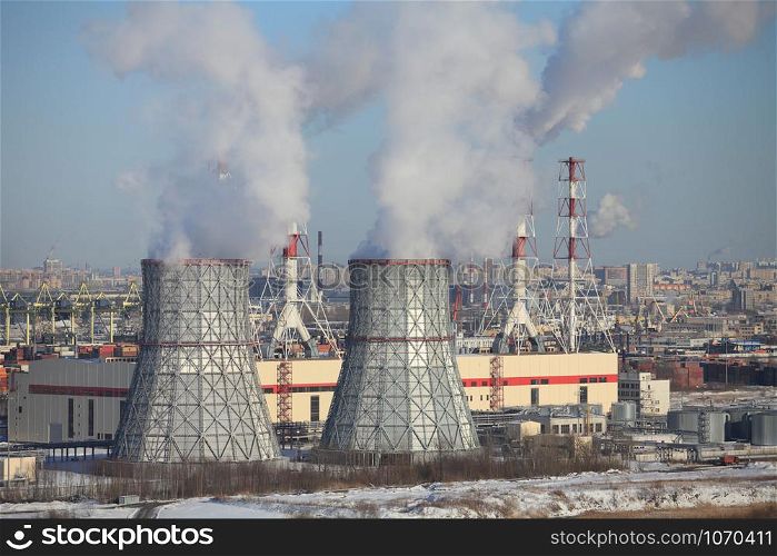 St. Petersburg, Russia, March 5, 2018. thermal power plant cooling tower in the foreground, cold winter weather