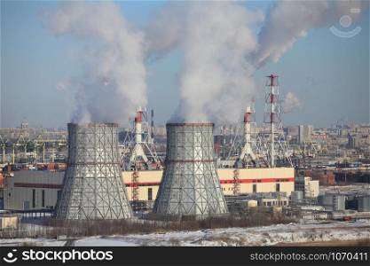 St. Petersburg, Russia, March 5, 2018. thermal power plant cooling tower in the foreground, cold winter weather
