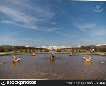 ST. PETERSBURG, RUSSIA, May 10, 2018  The Petergof or Peterhof, known as Petrodvorets from 1944 to 1997 and Neptune Fountain on May 10, 2018 in St. Petersburg, Russia. The Petergof or Peterhof, known as Petrodvorets from 1944 to 1997 and Neptune Fountain on May 12, 2018 in St. Petersburg, Russia