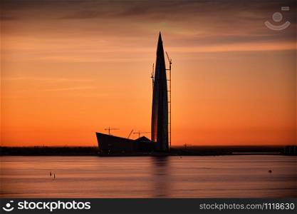 ST. PETERSBURG, RUSSIA - May 5, 2018: Single Modern Skyscraper Architecture Building in Gulf of Kronstadt . Lakhta Center, Headquarters of Gazprom Company Isolated. Lahta Center is Tallest Building in Russia and Europe almost ready built