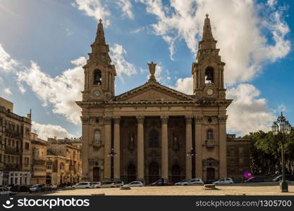 St Publius Cathedral Church or Floriana Parish Church with Neoclassical portico and bell towers, Malta