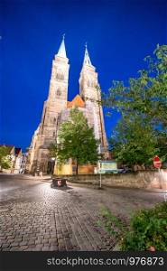 St Sebald Church and city square at night, Nuremberg, Germany.