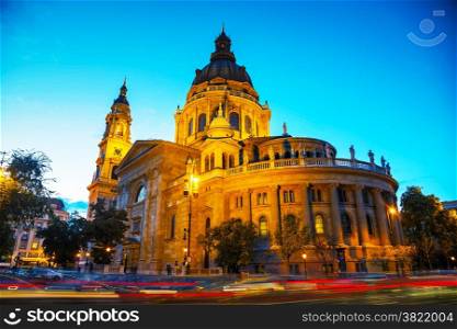 St. Stephen basilica in Budapest, Hungary in the evening
