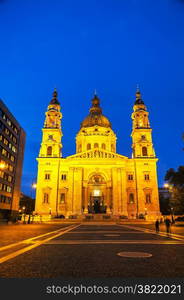 St. Stephen basilica in Budapest, Hungary in the evening