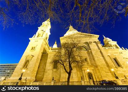 St Stephen Cathedral at night in Budapest.