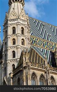 St. Stephen&rsquo;s Cathedral with ornately patterned, multi colored roof in Vienna, Austria