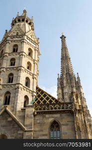 St. Stephen&rsquo;s Cathedral with ornately patterned, multi colored roof in Vienna, Austria