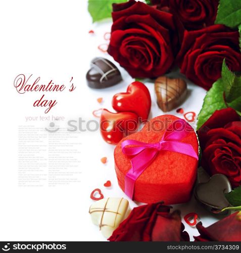 St. Valentine&rsquo;s Day roses and chocolate over white (with easy removable text)