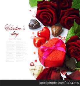 St. Valentine&rsquo;s Day roses and chocolate over white (with easy removable text)