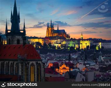 St Vitus cathedral and Tinsky temple in Prague at sunset