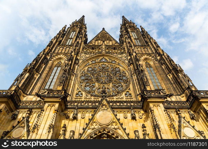 St. Vitus Cathedral facade, Prague, Czech Republic, bottom view. European town, famous place for travel and tourism