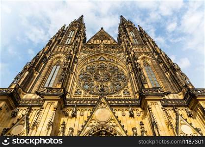 St. Vitus Cathedral facade, Prague, Czech Republic, bottom view. European town, famous place for travel and tourism