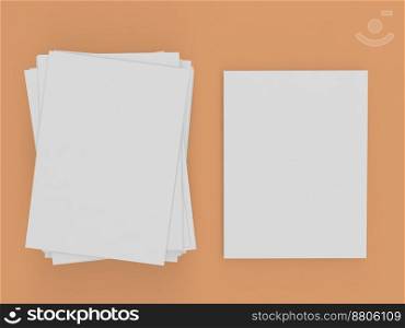 Stack and sheet of white paper and on a wooden background. 3d render illustration.