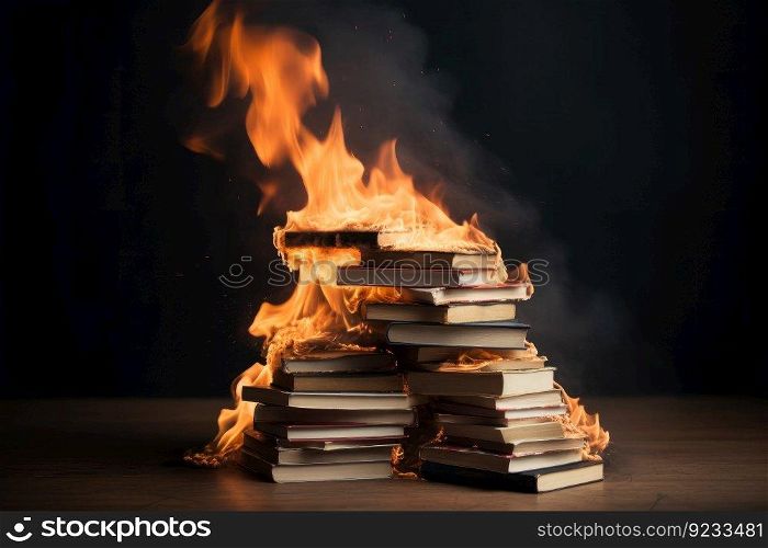 Stack book fire. Hot dark smoke. Generate AI. Stack book fire. Generate AI